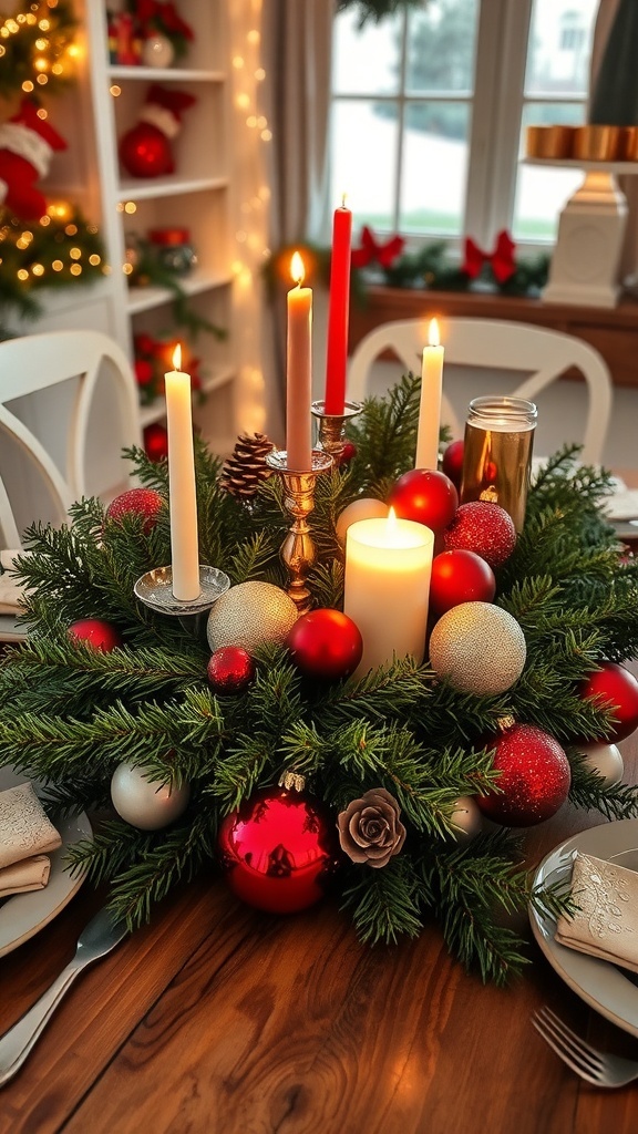 Elegant Christmas centerpiece with evergreen branches, candles, and ornaments on a wooden table.